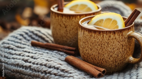 Cozy mugs of spiced tea with cinnamon and lemon slices on a warm knitted blanket