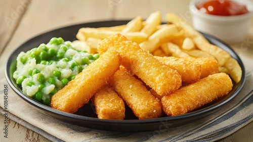 Wallpaper Mural Photo of fried fish, peas and chips, a delicious snack. Torontodigital.ca