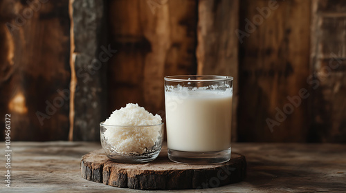 Vegan lactose free milk, Coconut milk in powder and dissolved with water in glass on a wooden background, vertical