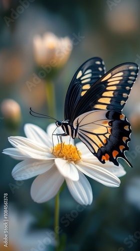 Butterfly resting on a white flower during a sunny day in a tranquil garden s...