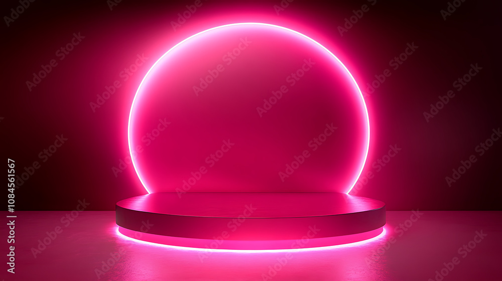 Abstract pink neon background with glowing round arch and empty podium for product presentation Abstract pink neon background with glowing round arch and empty podium for product presentation