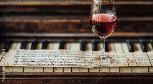A glass of red wine rests on sheet music atop a vintage piano in a warm, invi...