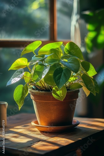 A pothos plant thrives in warm sunlight on a wooden table against a textured ...