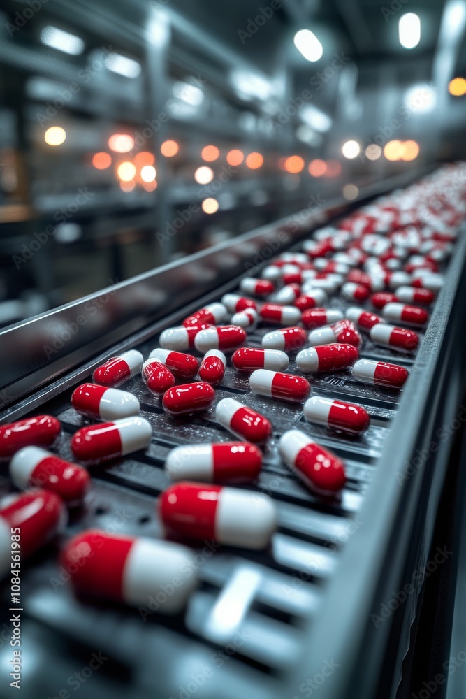 Red and white capsules being produced on a conveyor belt in a pharmaceutical manufacturing facility Red and white capsules being produced on a conveyor belt in a pharmaceutical manufacturing facility