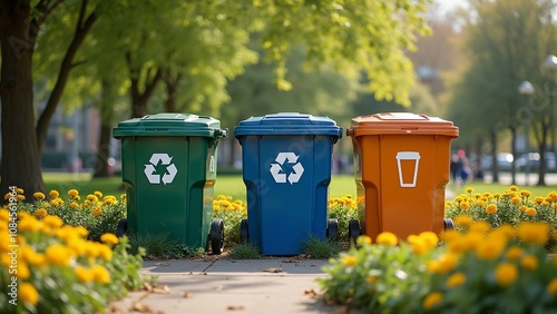 The image shows three trash cans of different colors - green, blue, and orange - lined up on a sidewalk in a park. The green bin on the left is green, the blue bin in the middle is blue photo