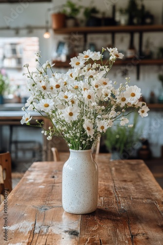 A beautiful arrangement of white flowers in a rustic vase on a wooden table i...