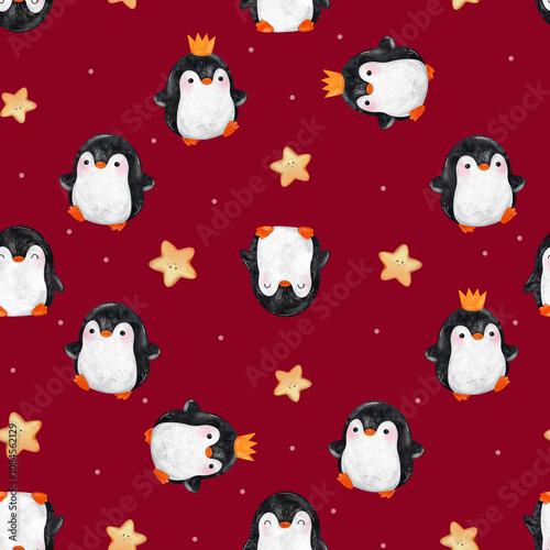 penguin seamless pattern. hand painted winter background. penguins and star photo