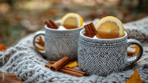 Cozy mugs of spiced tea with cinnamon and lemon slices on a warm knitted blanket