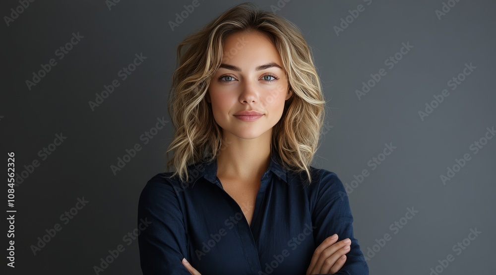 Young woman with long hair smiling confidently in a studio setting during daylight hours Young woman with long hair smiling confidently in a studio setting during daylight hours