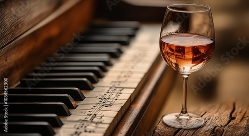 A glass of red wine rests on sheet music atop a vintage piano in a warm, invi...