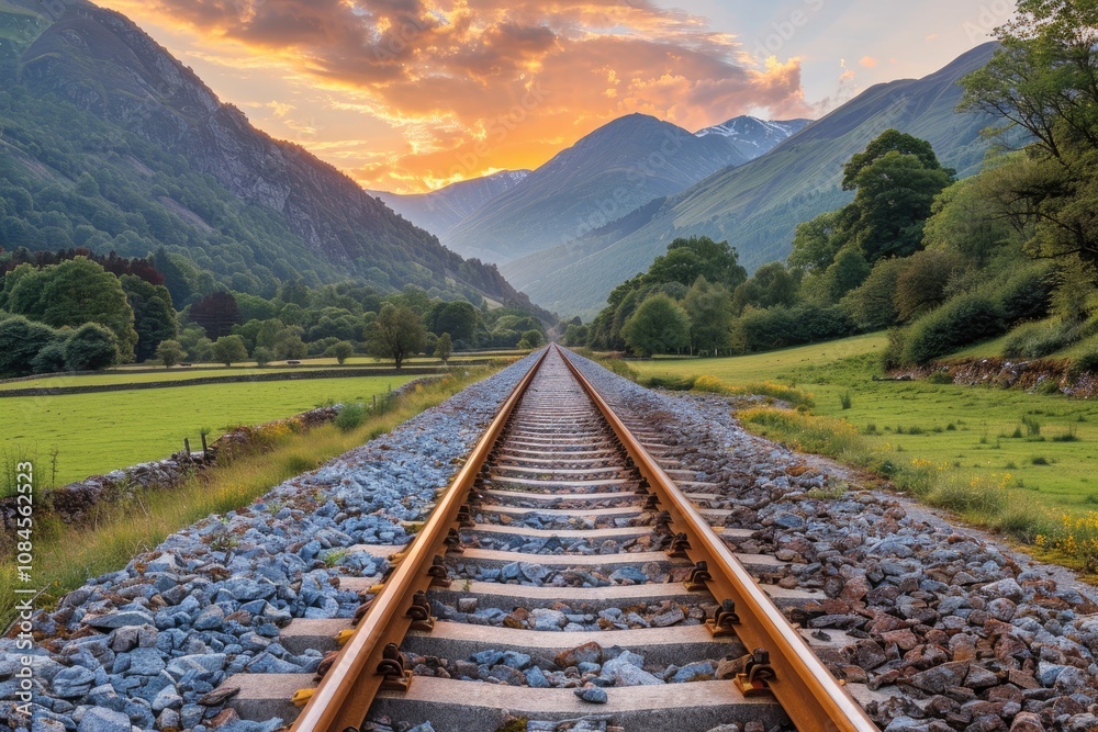 Fototapeta premium Train Tracks Leading Through a Mountain Valley at Sunset