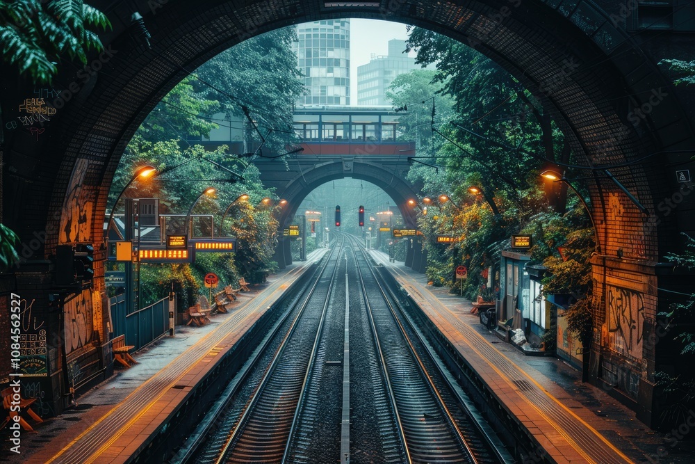Fototapeta premium Train Tracks Under a Brick Archway in the Rain