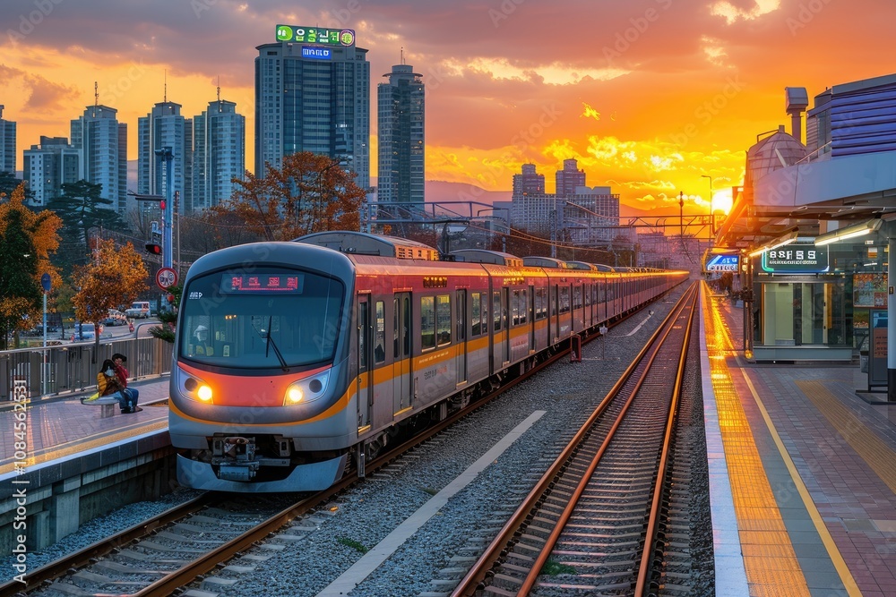 Train Arriving at Station During Sunset in a City Train Arriving at Station During Sunset in a City