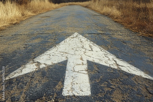Directional road marking on a quiet roadway in a rural area during daytime su...
