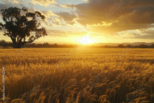 Golden wheat field at sunset with clouds illuminating the sky in peaceful cou...