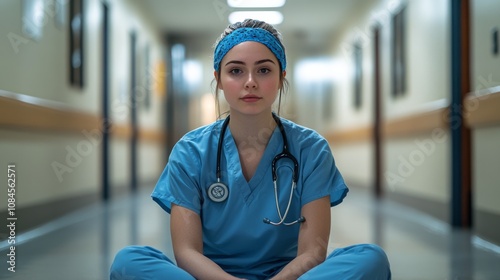 A healthcare professional resting on the floor of a hospital corridor in the ...