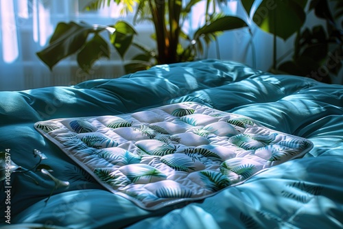 Tropical-patterned bedding with blue sheets and white coverlet photo