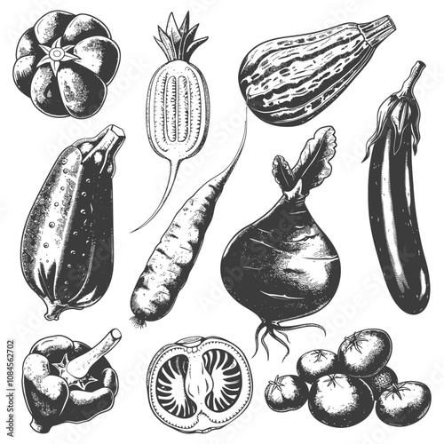 Hand Drawn Black and White Illustrations of Various Vegetables