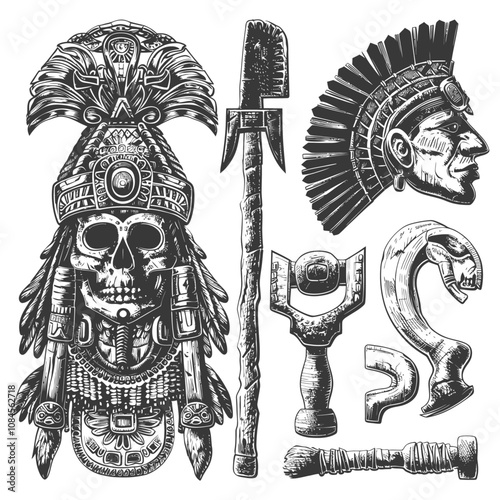 Hand Drawn Collection of Aztec Warrior Accessories and Decorations