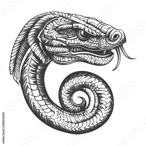 Hand Drawn Illustration of a Coiled Snakes Head