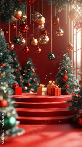 Beautifully decorated Christmas display with ornaments and gifts against a re...