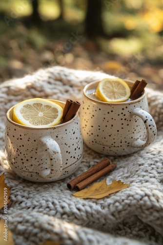 Warm spiced beverages with lemon slices and cinnamon sticks displayed on a te...