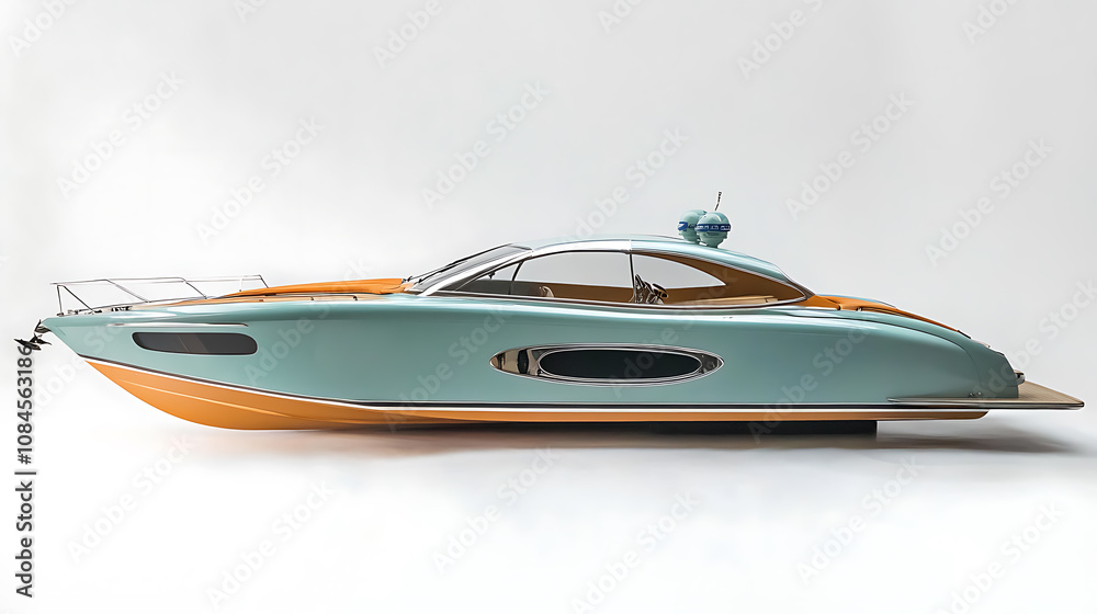 Photo of a 12 meter motorboat, side view, riva style, white background Photo of a 12 meter motorboat, side view, riva style, white background
