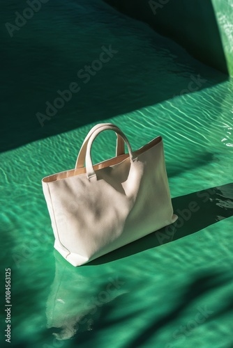 A stylish white bag rests on a vibrant green surface under natural light in a...