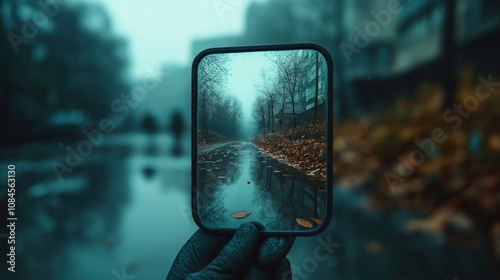 Close-up of a smartphone displaying a rainy autumn street scene with bare trees and wet pavement, held by a gloved hand, contrasting with a blurred urban background. photo