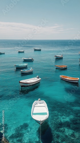 Calm blue waters with multiple boats anchored in the Mediterranean during a s...