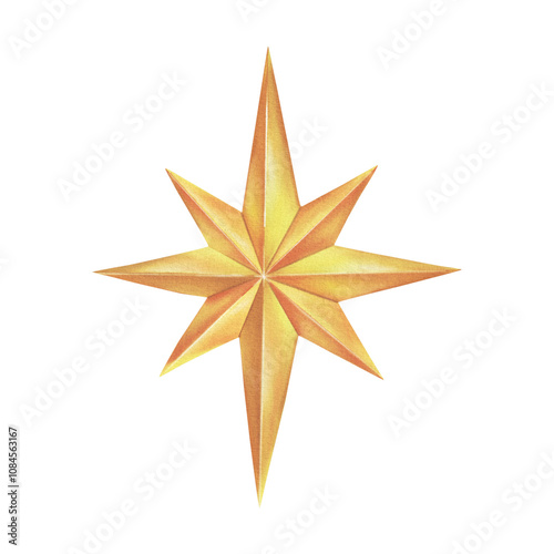 Hand-Painted Watercolor Golden Star Illustration – Festive Decor Element