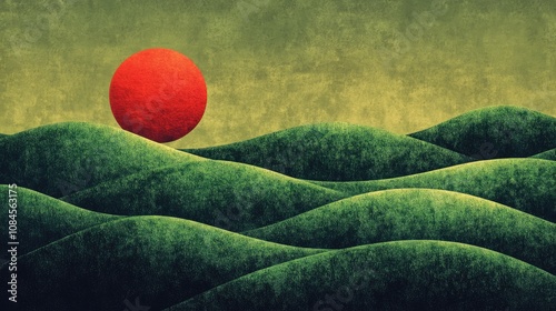 Serene landscape photo with green hills and red sun. Artistic style for nature and tranquility theme.