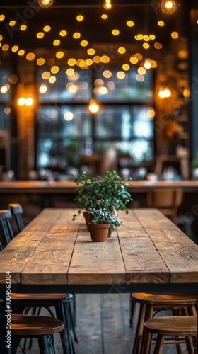 Outdoor dining area with wooden tables and twinkling lights in a cozy setting...