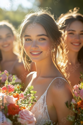 A joyful bride surrounded by her bridesmaids holds a vibrant bouquet at sunse...