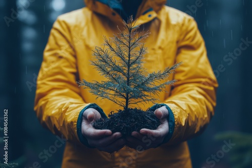 A person in a yellow jacket holds a small tree sapling in their hands in a fo...