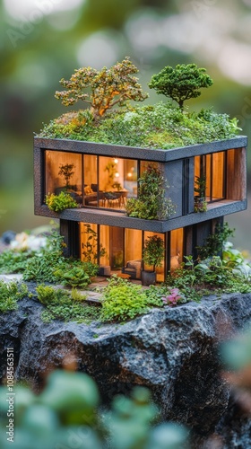 A miniature house with greenery and plants on the roof displayed in a serene ...