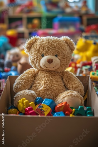 A bear sits playfully in a cardboard box among colorful toys in a bright childs playroom