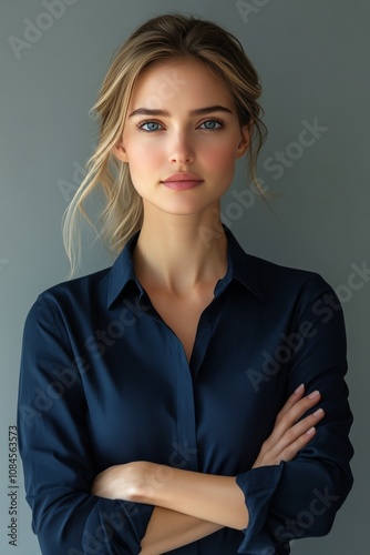 A confident woman poses with arms crossed against a neutral background in a c...