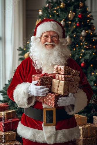 Santa Claus holds a stack of beautifully wrapped gifts in front of a decorate...