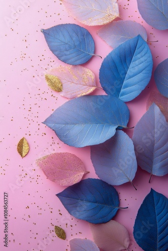 Colorful leaves arranged on a pink background with golden accents during a sp...