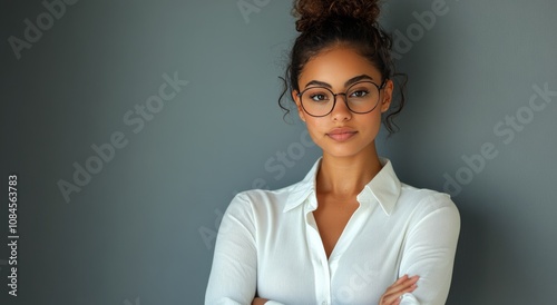 A confident young woman poses with arms crossed in a studio with gray background