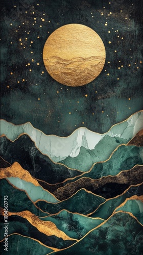 A glowing full moon rises over mystical mountains under a starlit sky in deep...