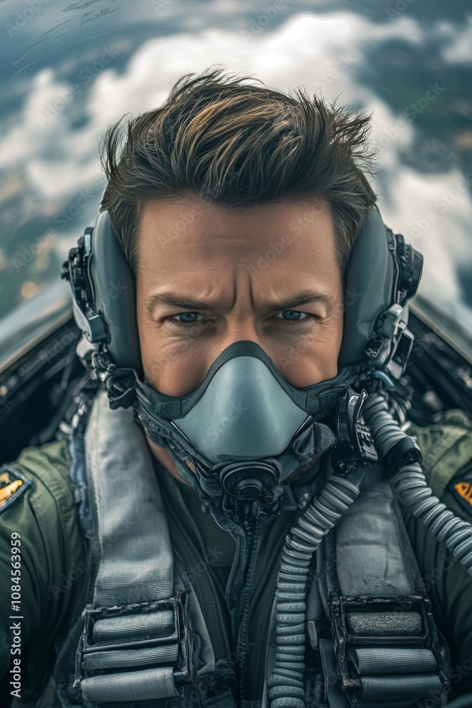 A fighter pilot prepares for takeoff while seated in the cockpit during a cloudy day A fighter pilot prepares for takeoff while seated in the cockpit during a cloudy day