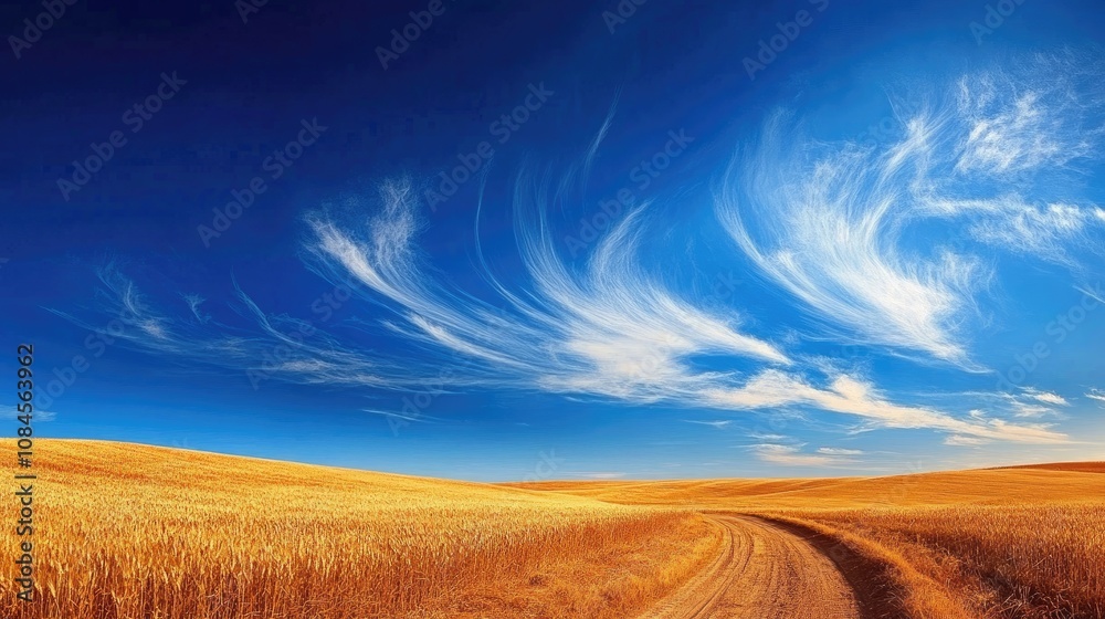 Fototapeta premium A beautiful photograph of a golden wheat field under a clear blue sky with thin clouds and a dusty path leading to a quiet horizon.