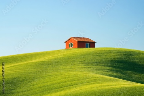A serene countryside house stands alone on a green hill during a sunny day in...