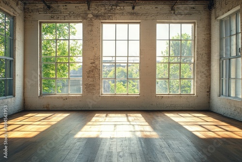 Sunlight streaming through large windows in a spacious, rustic room with wood...