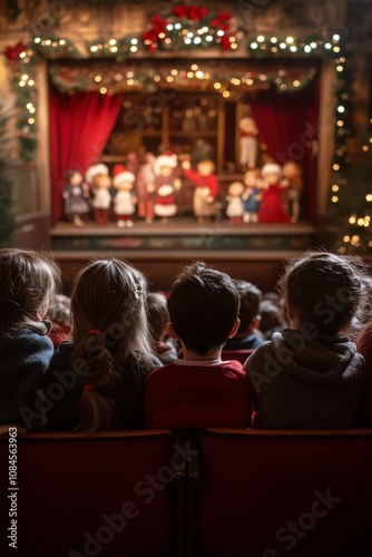 Children watching a festive puppet show during the holiday season in a cozy t...