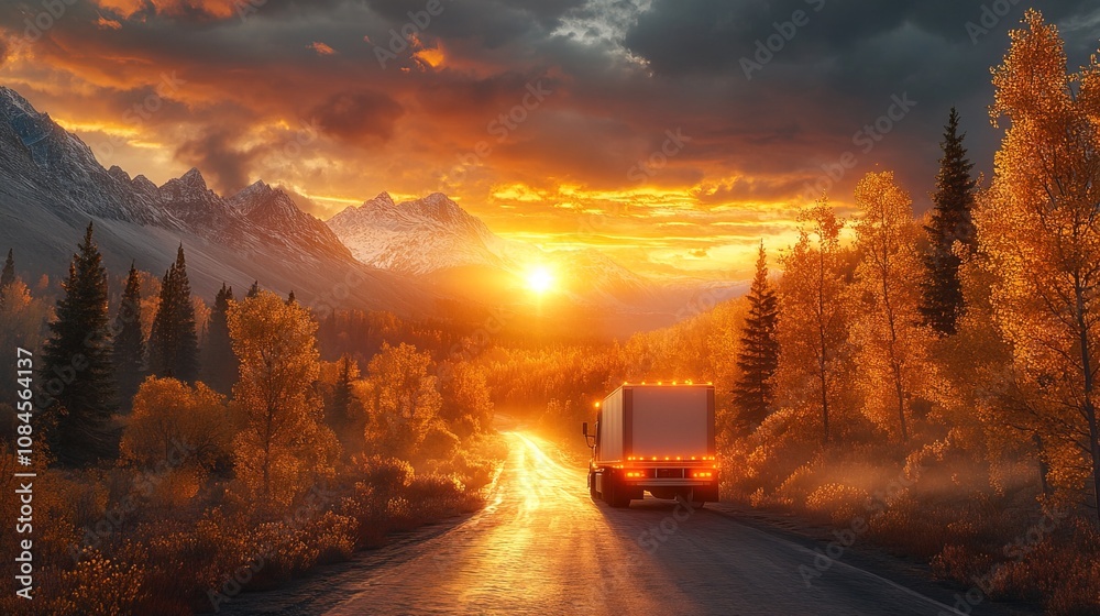 White truck driving through glowing neon autumn landscape at sunset White truck driving through glowing neon autumn landscape at sunset