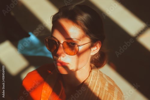 Moody Portrait of a Woman in Sunglasses with Dramatic Shadows and Warm Lighting, Concept of Style, Mystery, and Artistic Expression photo