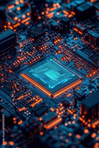 Close up of a modern microprocessor on a circuit board with glowing component...
